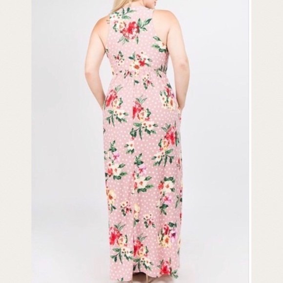 Floral Print Polka Dot Pocket Maxi Dress 1X 2X 3X - Picture 6 of 8